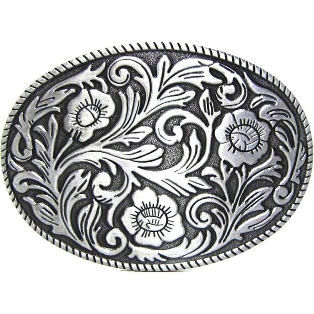 🆕Men's Silver Antique Engraved Flower Solid Metal Western Cowboy Belt Buckle